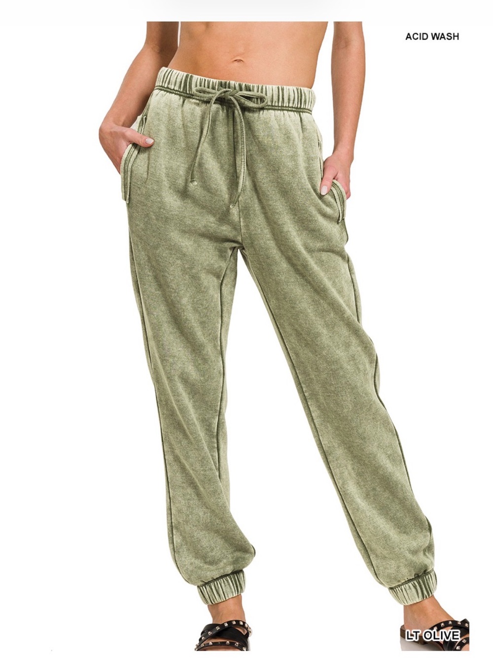 Zenana Outfitters LT Olive Acid Wash Drawstring Joggers
